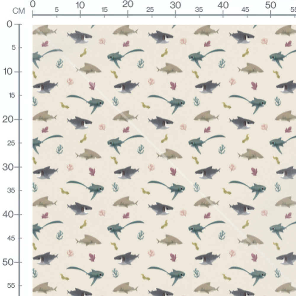 Tissu - Requins et raies sur fond beige