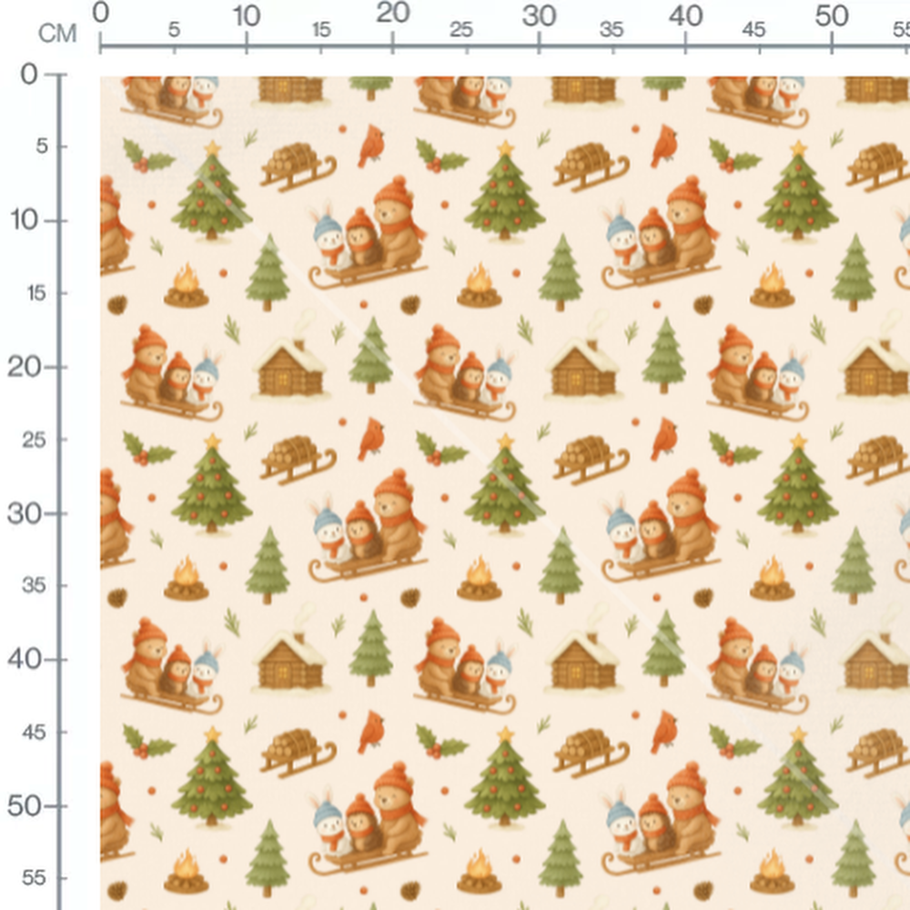 Tissu - Animaux festifs en luge crème