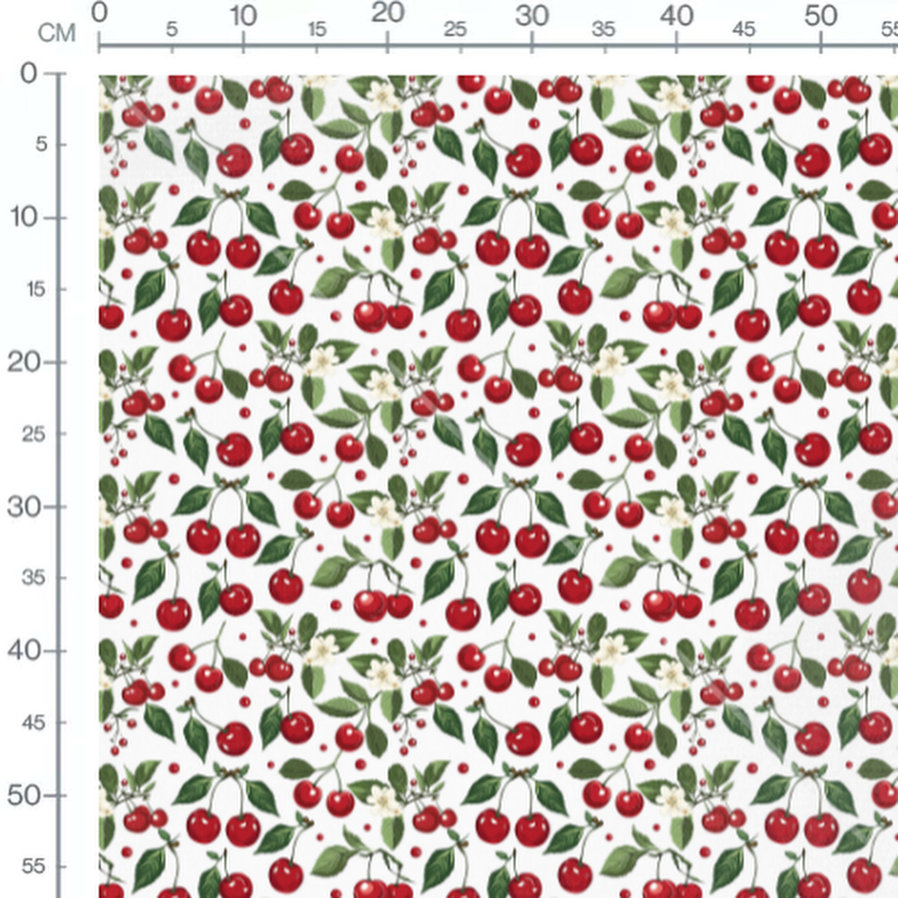 Tissu - Cerises et fleurs blanches