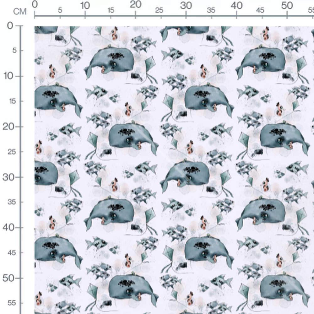 Tissu - Baleines et poissons aquarelle