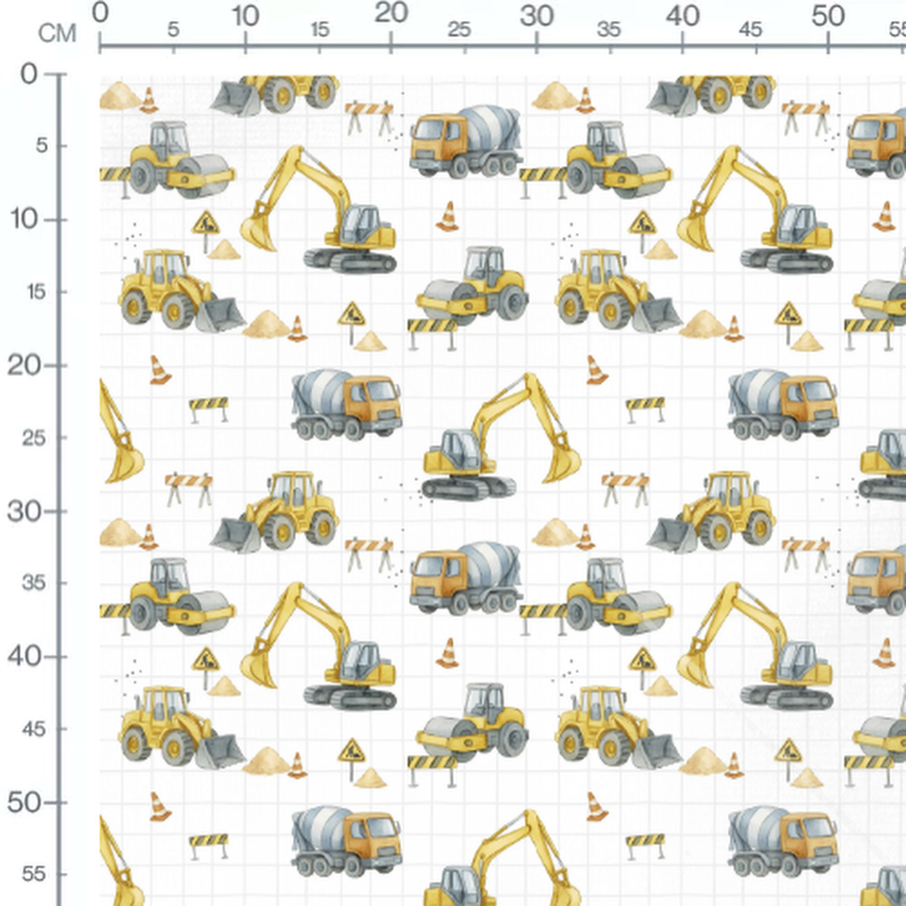 Tissu - Engins jaunes et gris quadrillés