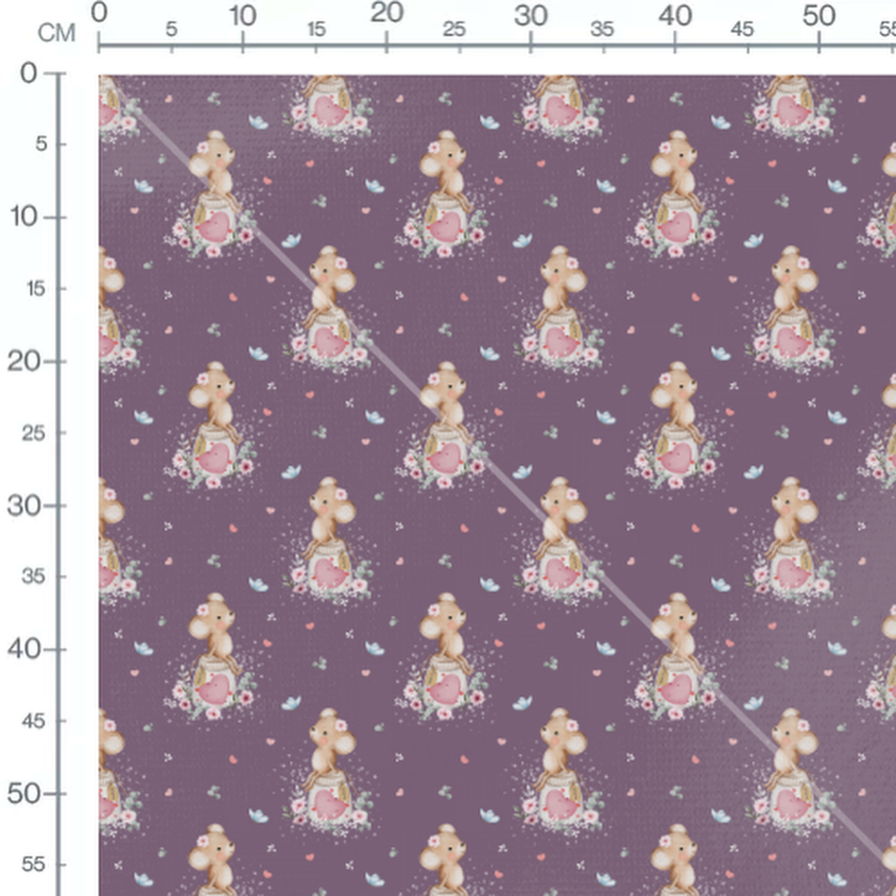 Tissu - Souris et fleurs sur fond violet
