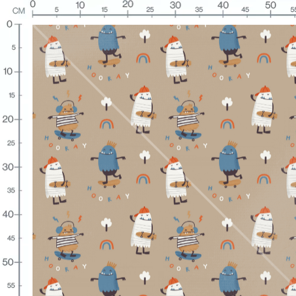 Tissu - Monstres sur beige et arbres