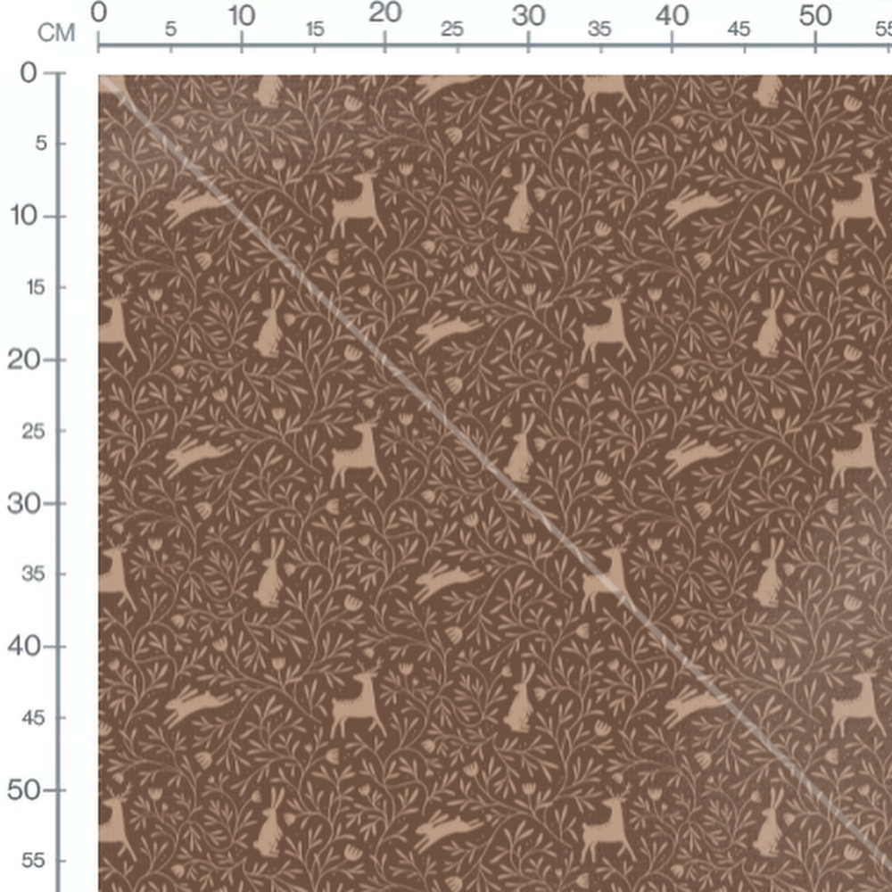 Tissu - Cerfs et lapins sur fond marron