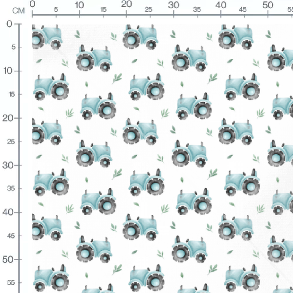 Tissu - Tracteurs bleus et feuilles