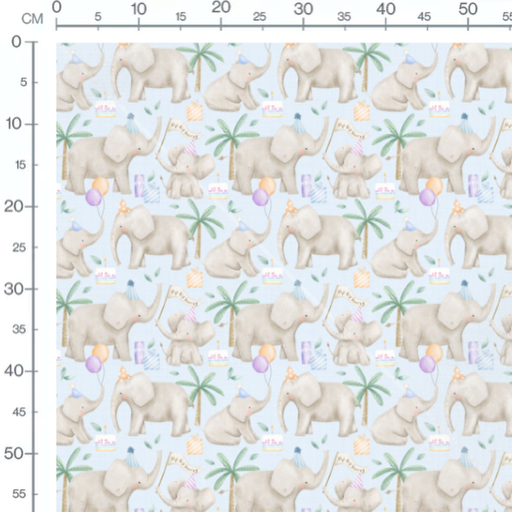 Tissu - Éléphants avec ballons et gâteaux
