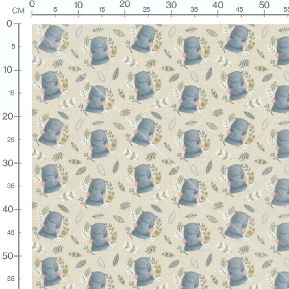 Tissu - Hippopotames et feuillages pastel