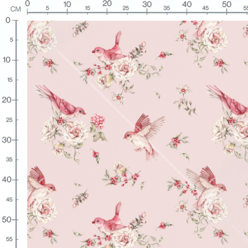 Tissu - Oiseaux roses et baies rouges 2