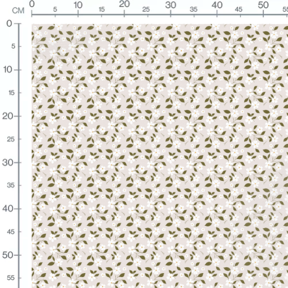 Tissu - Fleurs blanches et vertes beige