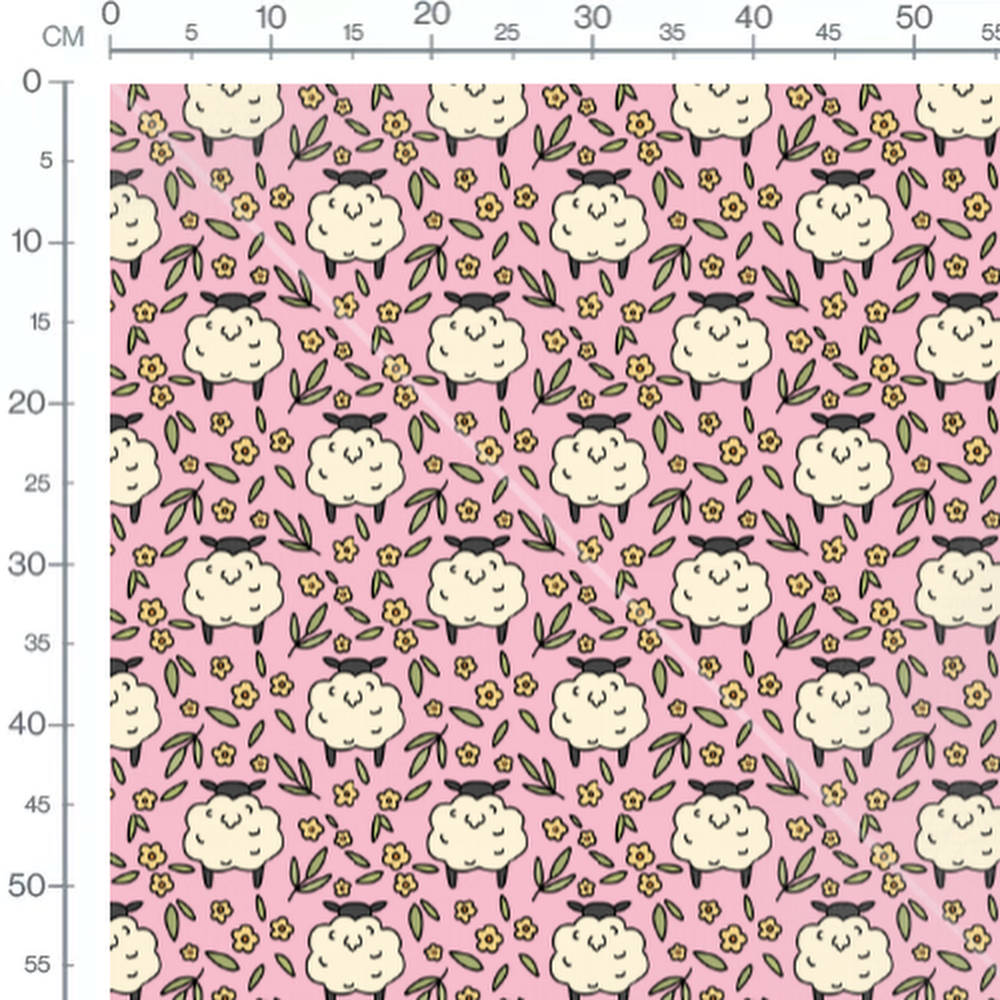 Tissu - Moutons et fleurs roses