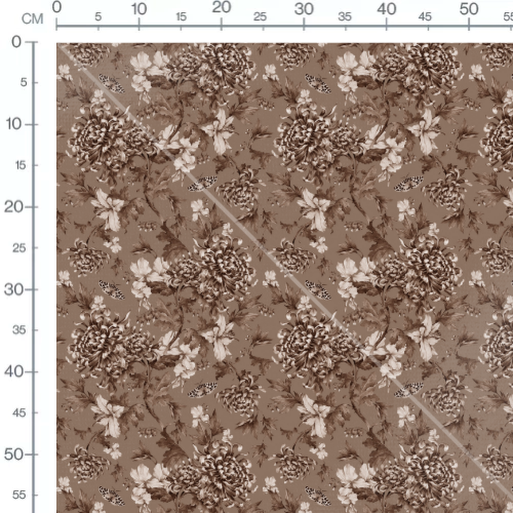 Tissu - Fleurs et papillons sépia