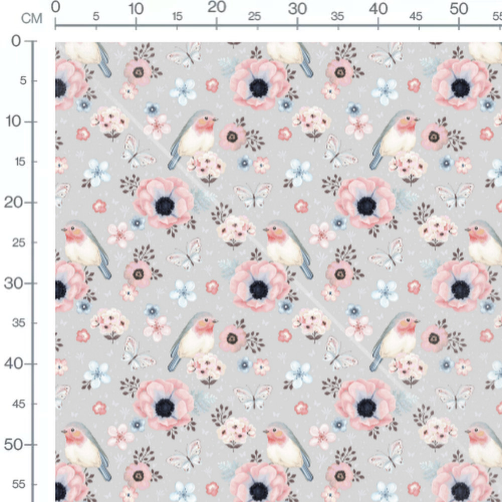 Tissu - Oiseaux et papillons gris