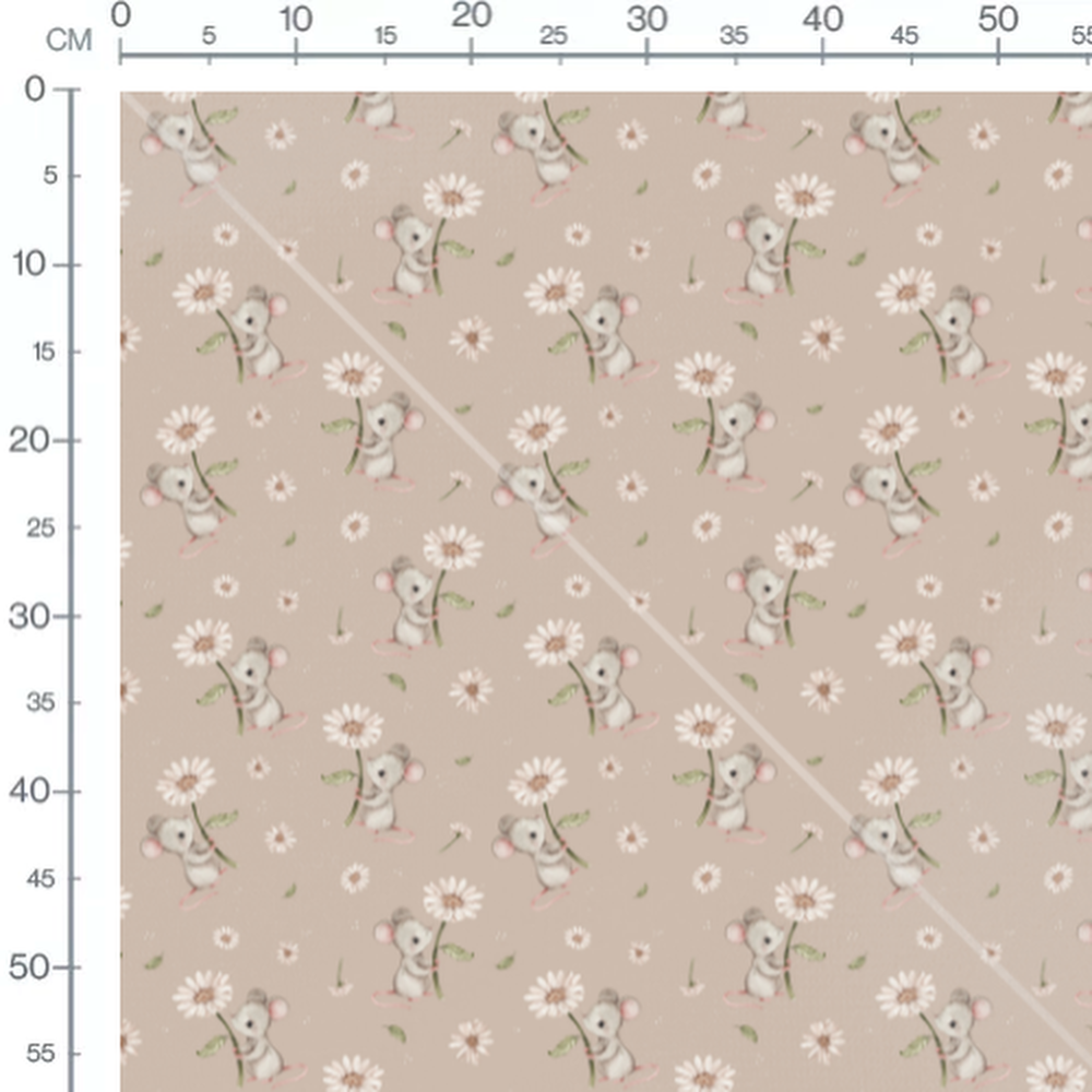 Tissu - Souris grises et fleurs blanches 2
