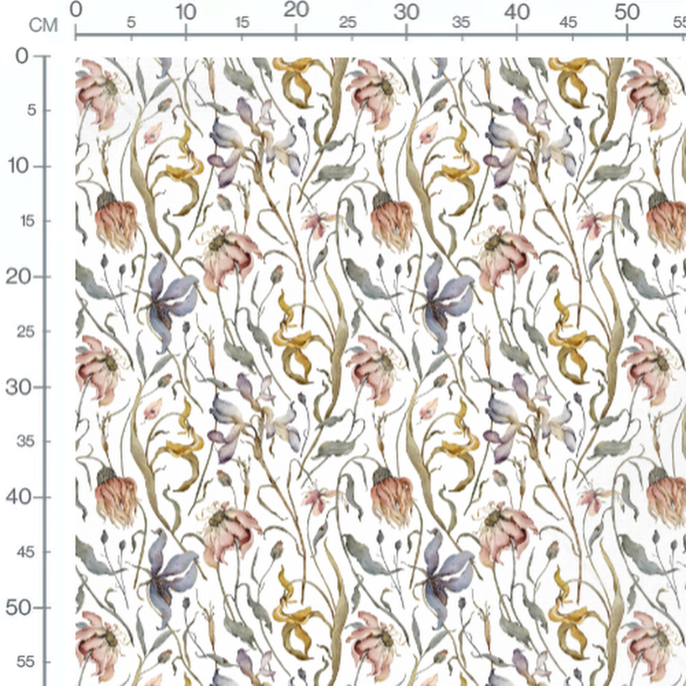 Tissu - Fleurs fanées sur fond blanc