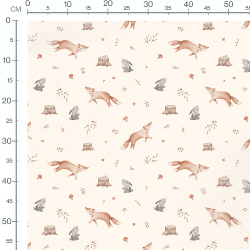 Tissu - Renards bruns et lapins crème