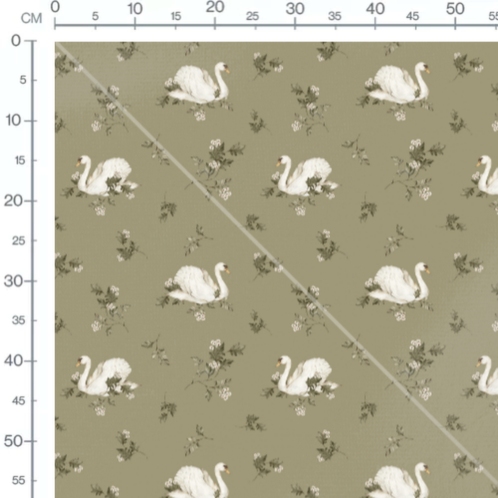 Tissu - Cygnes sur fond kaki fleuri