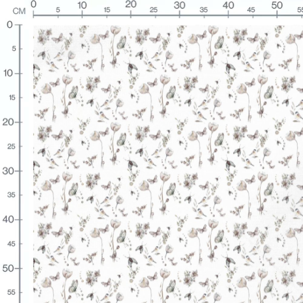 Tissu - Oiseaux gris et fleurs beige