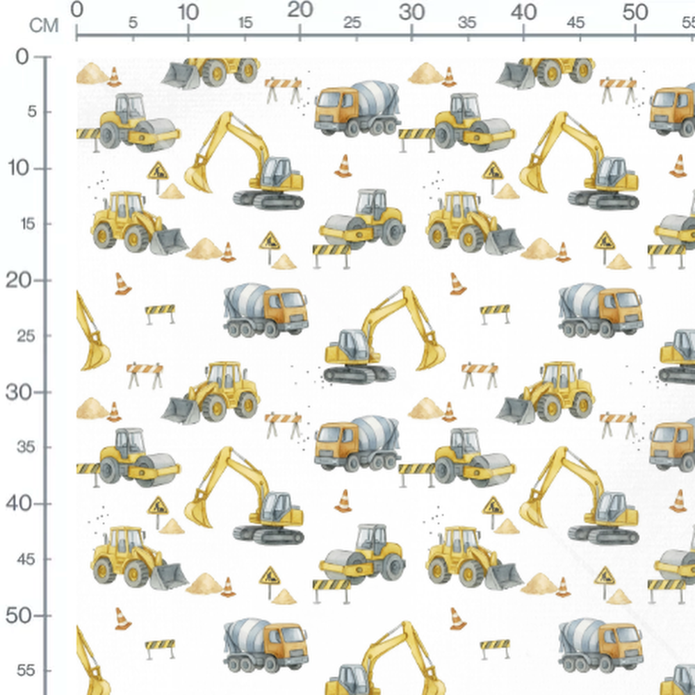 Tissu - Engins jaunes et gris avec cônes