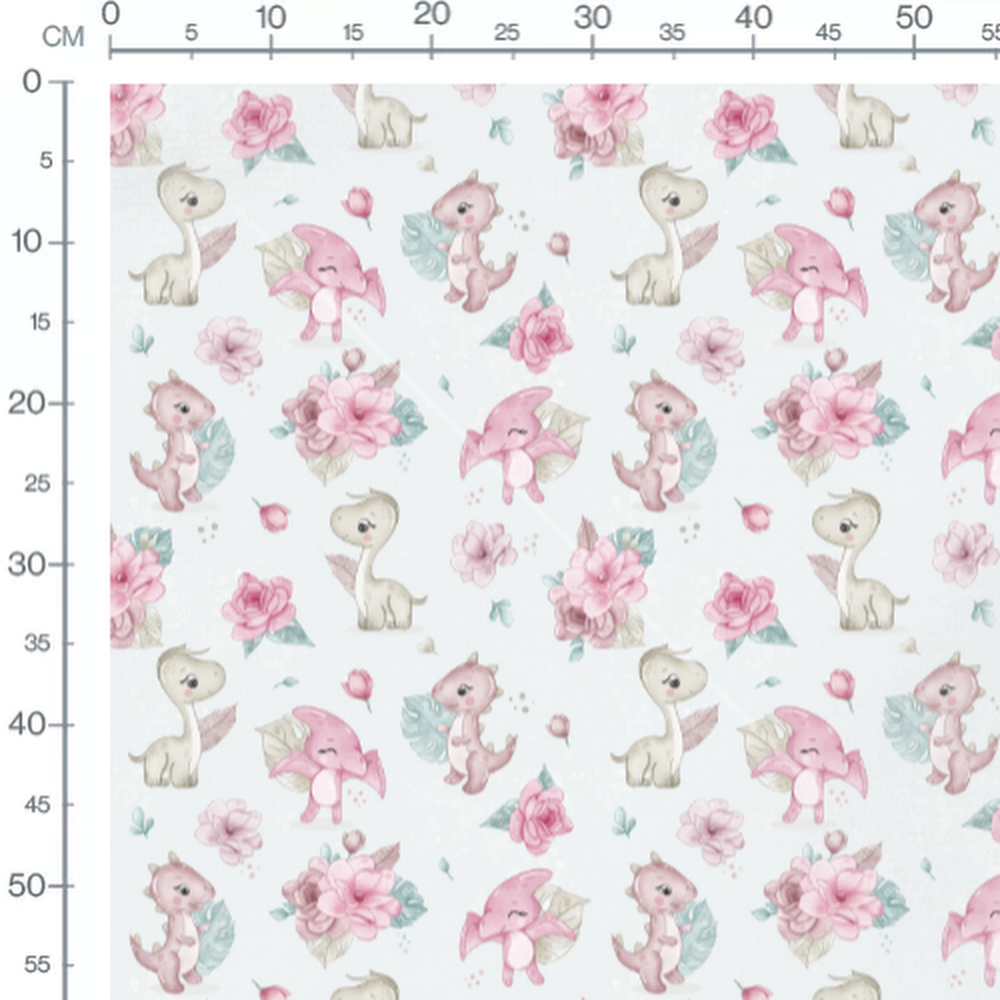 Tissu - Dinosaures roses et fleurs blanches