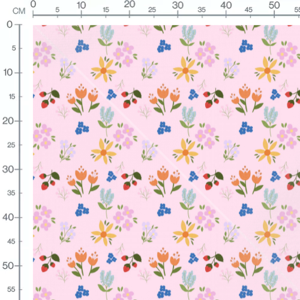 Tissu - Fleurs et baies sur fond rose