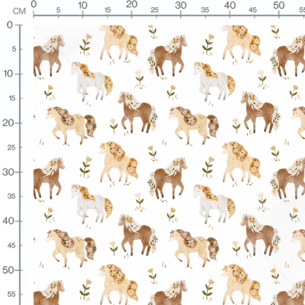 Tissu - Chevaux fleuris sur fond blanc