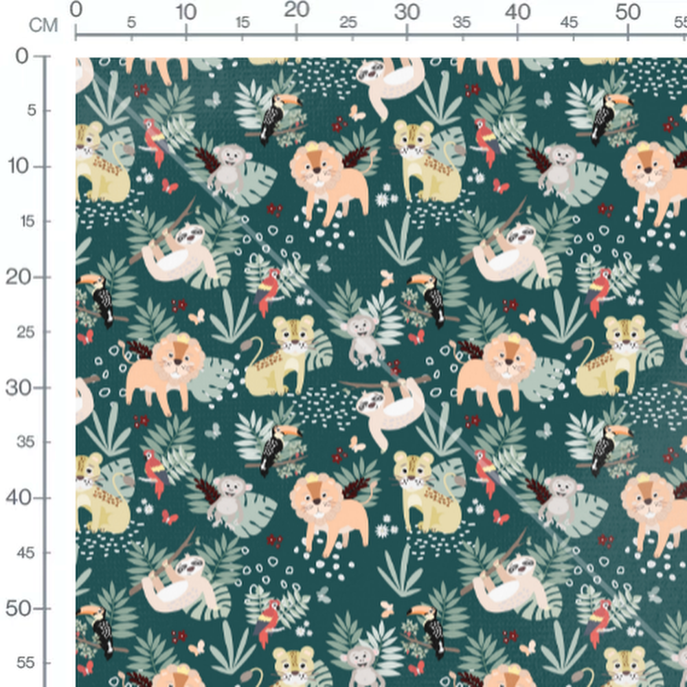 Tissu - Animaux exotiques sur fond vert