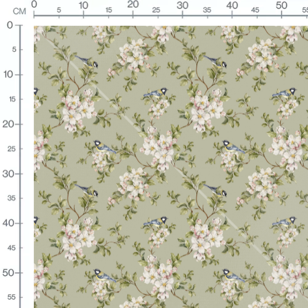 Tissu - Oiseaux bleus et fleurs blanches