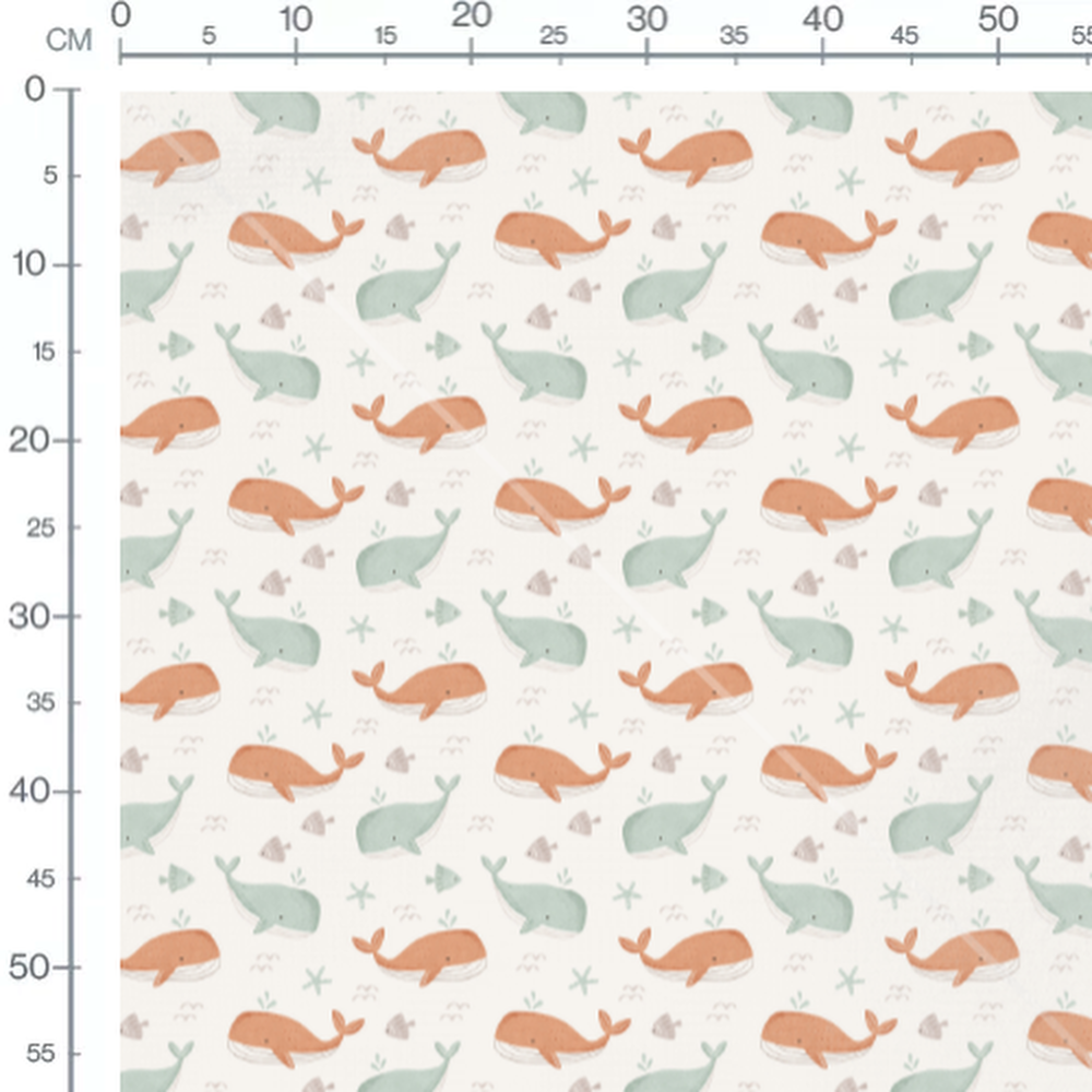 Tissu - Baleines orange et vertes
