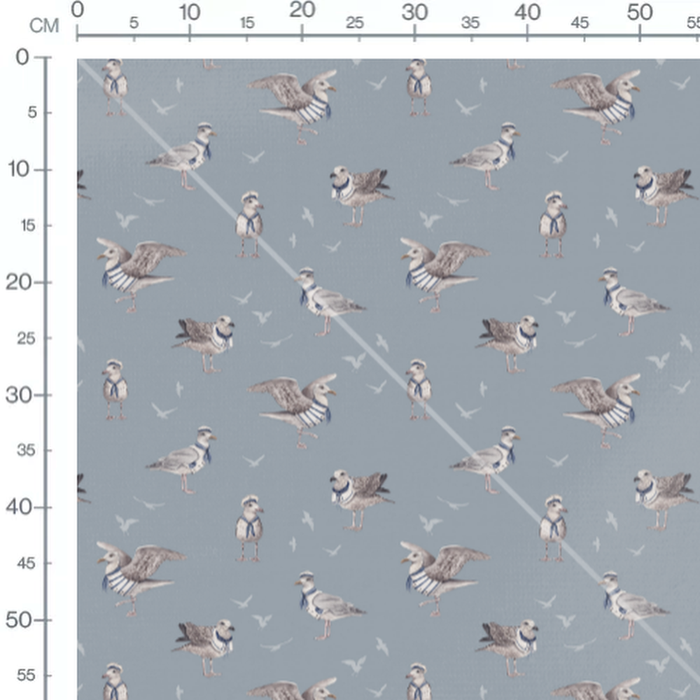 Tissu - Mouettes marinières sur fond bleu