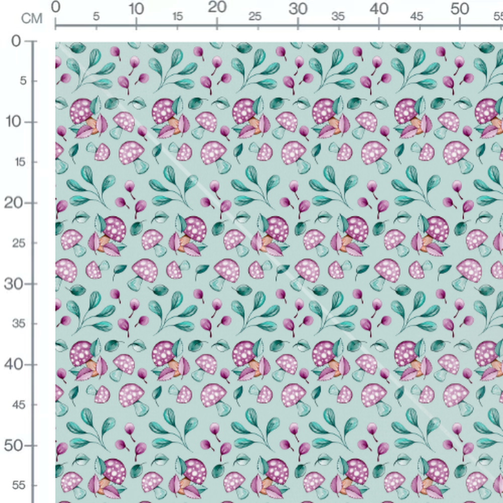 Tissu - Champignons roses et feuilles