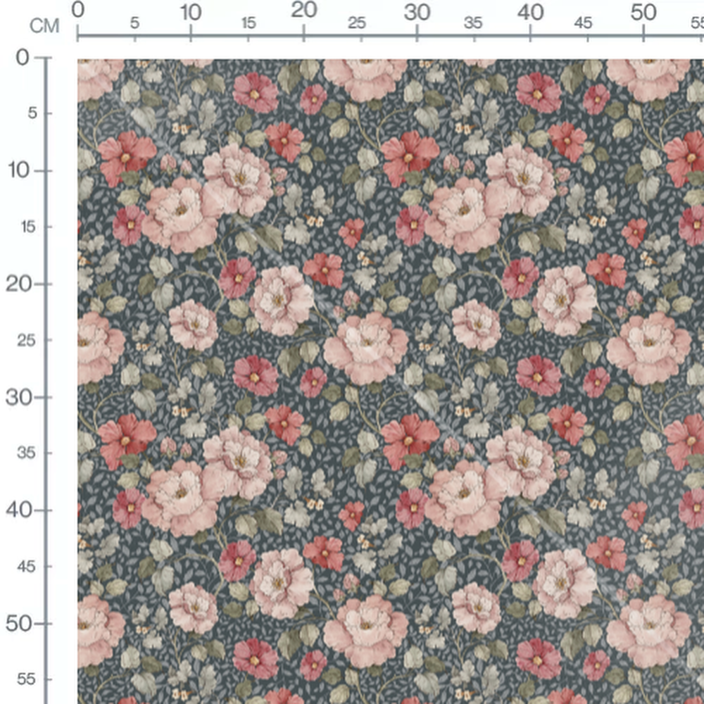 Tissu - Fleurs roses et rouges sur bleu