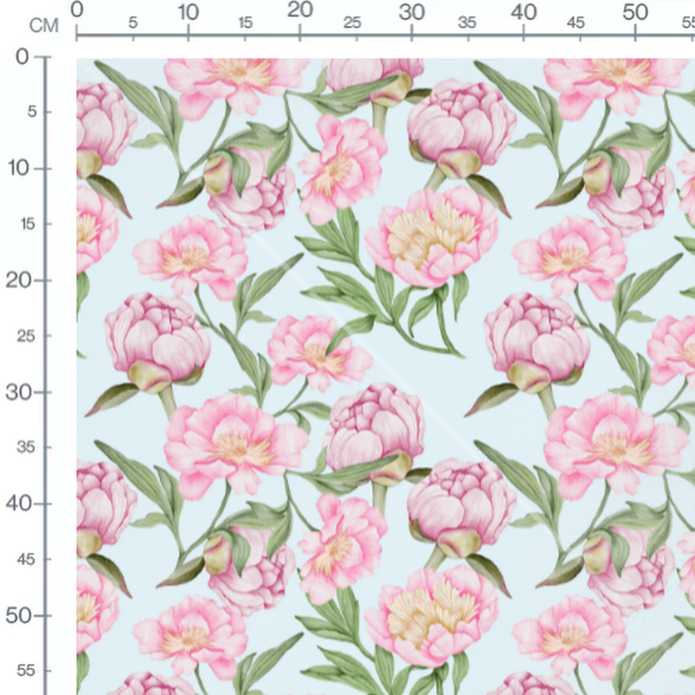 Tissu - Pivoines roses sur fond bleu