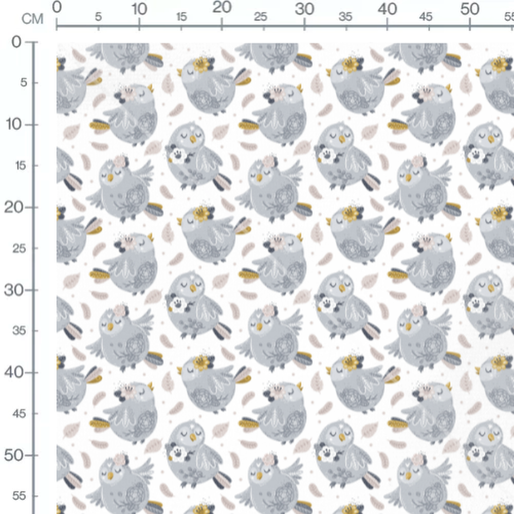 Tissu - Oiseaux gris et fleurs