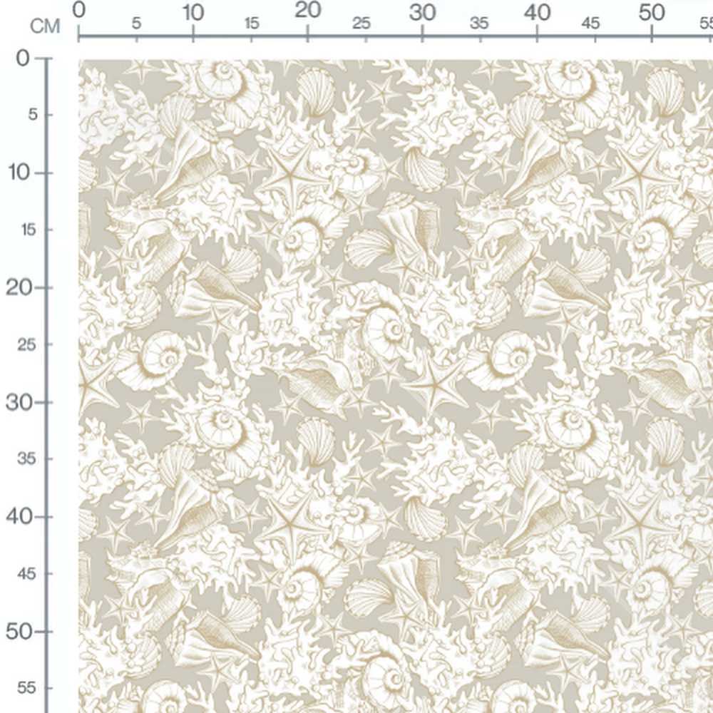 Tissu - Coquillages beige sur gris clair