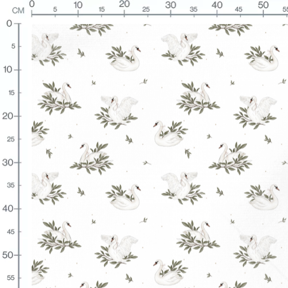 Tissu - Cygnes et feuillage sur blanc