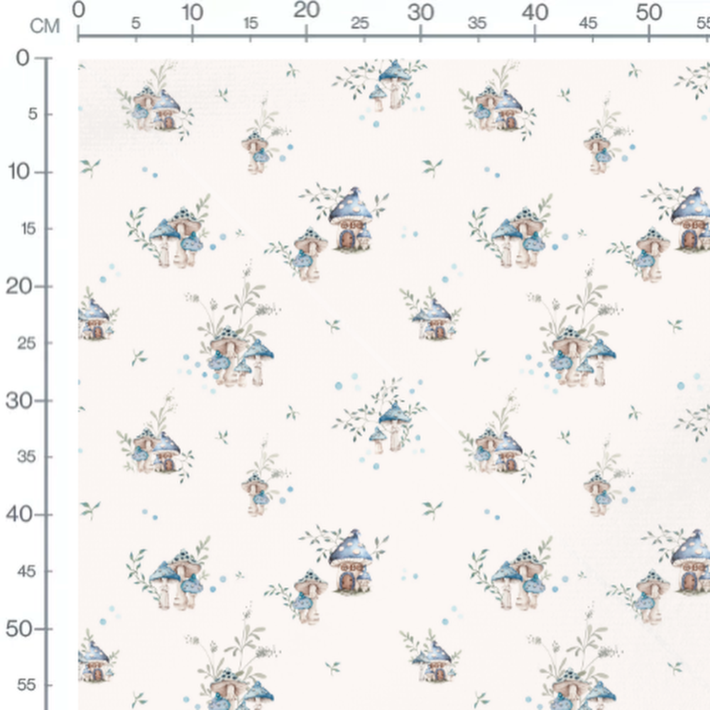 Tissu - Champignons et maisonnettes crème