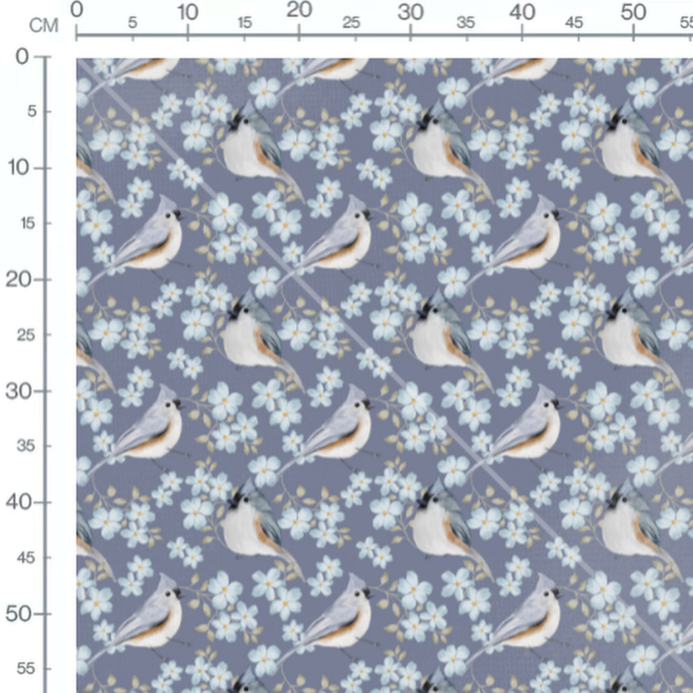 Tissu - Oiseaux gris et fleurs bleu clair