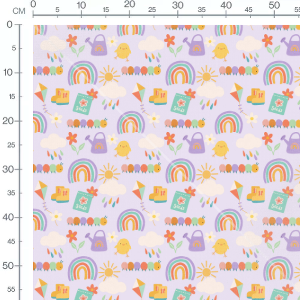 Tissu - Motifs jardin et arc-en-ciel