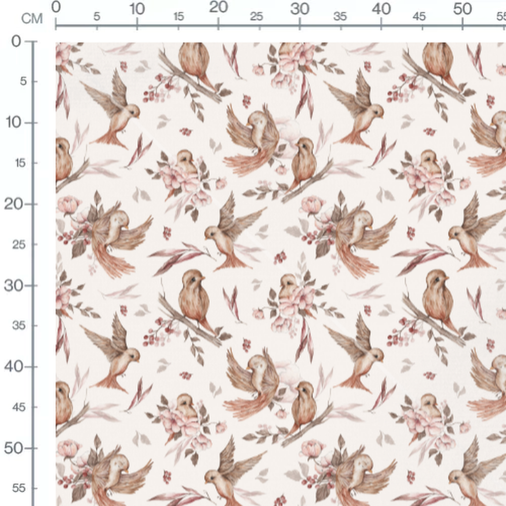 Tissu - Oiseaux bruns et fleurs roses 2