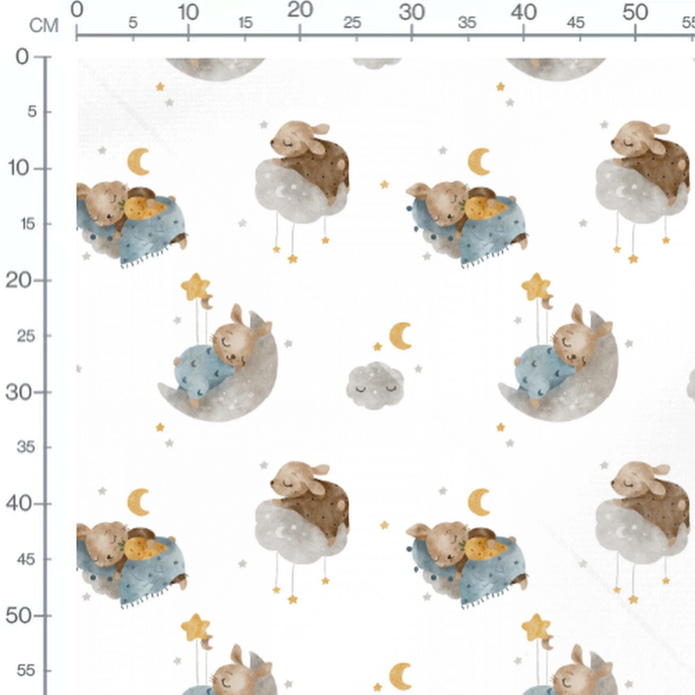 Tissu - Animaux sur nuages gris et étoiles