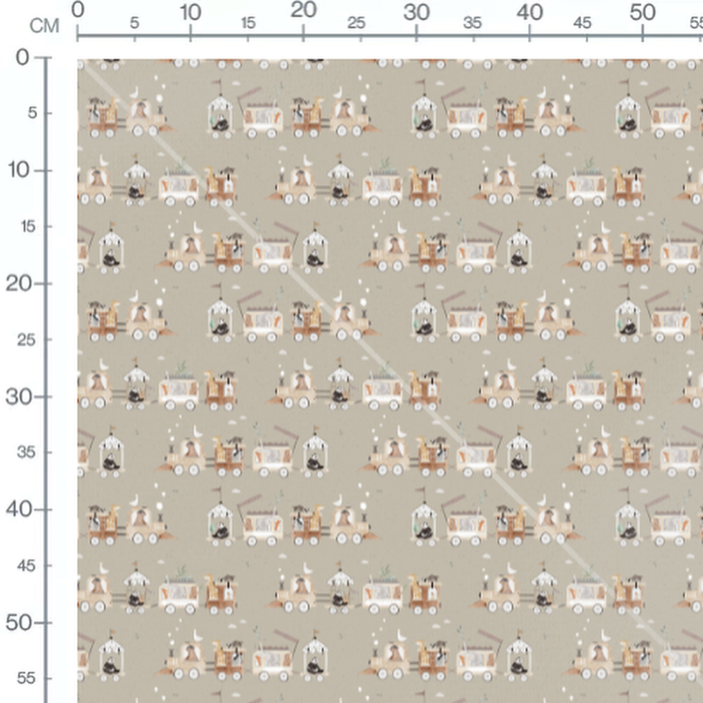 Tissu - Animaux dans wagons beige