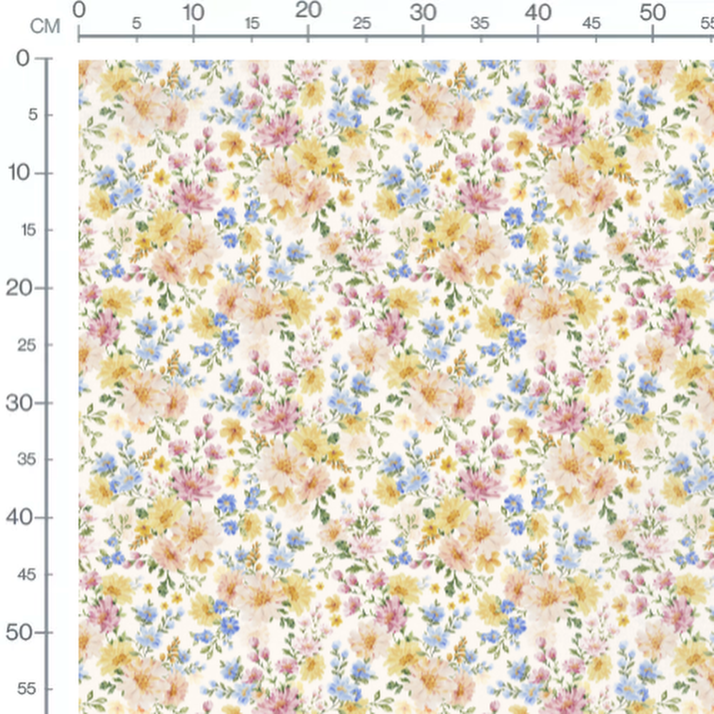 Tissu - Fleurs roses, jaunes et bleues