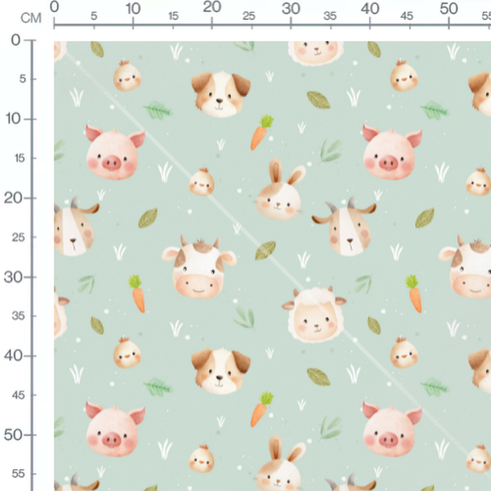 Tissu - Visages d'animaux sur vert