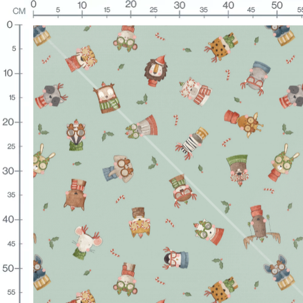 Tissu - Animaux festifs sur fond vert 2