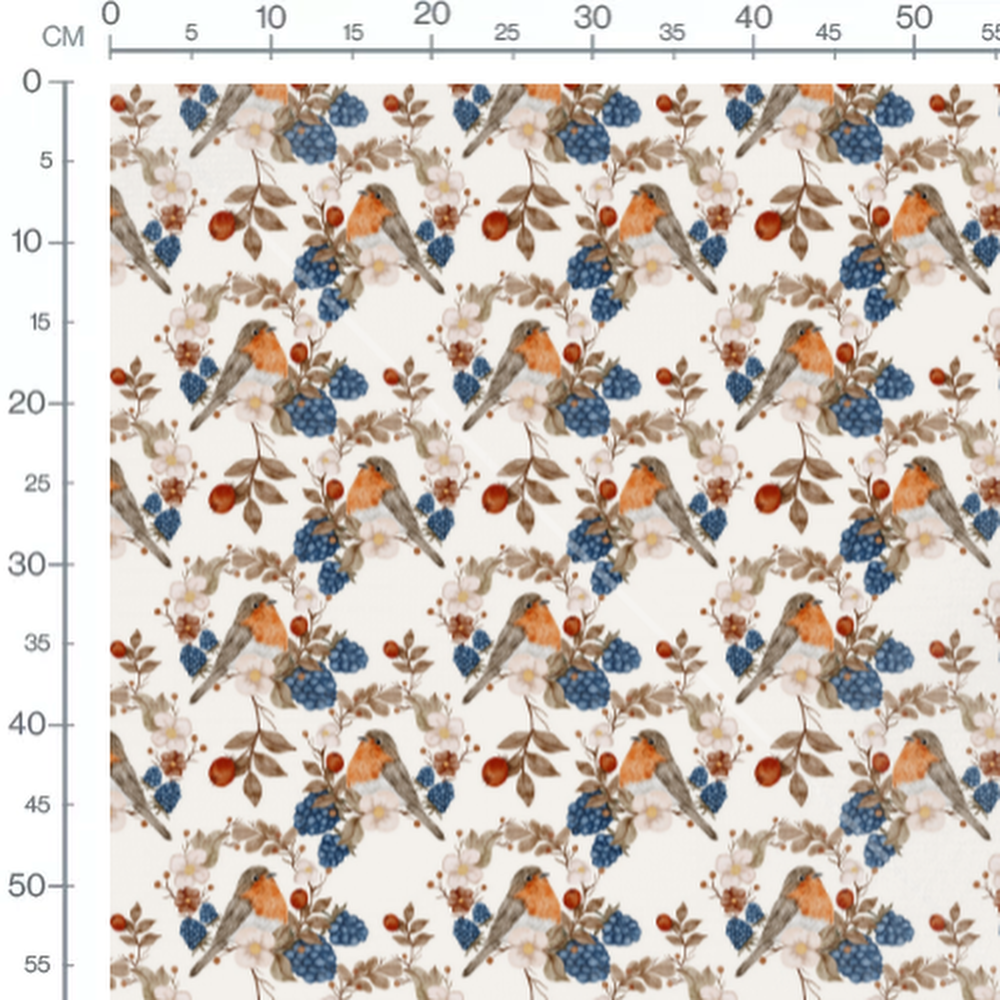 Tissu - Oiseaux orange et baies bleues