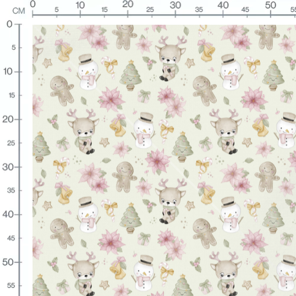 Tissu - Rennes et neige sur crème