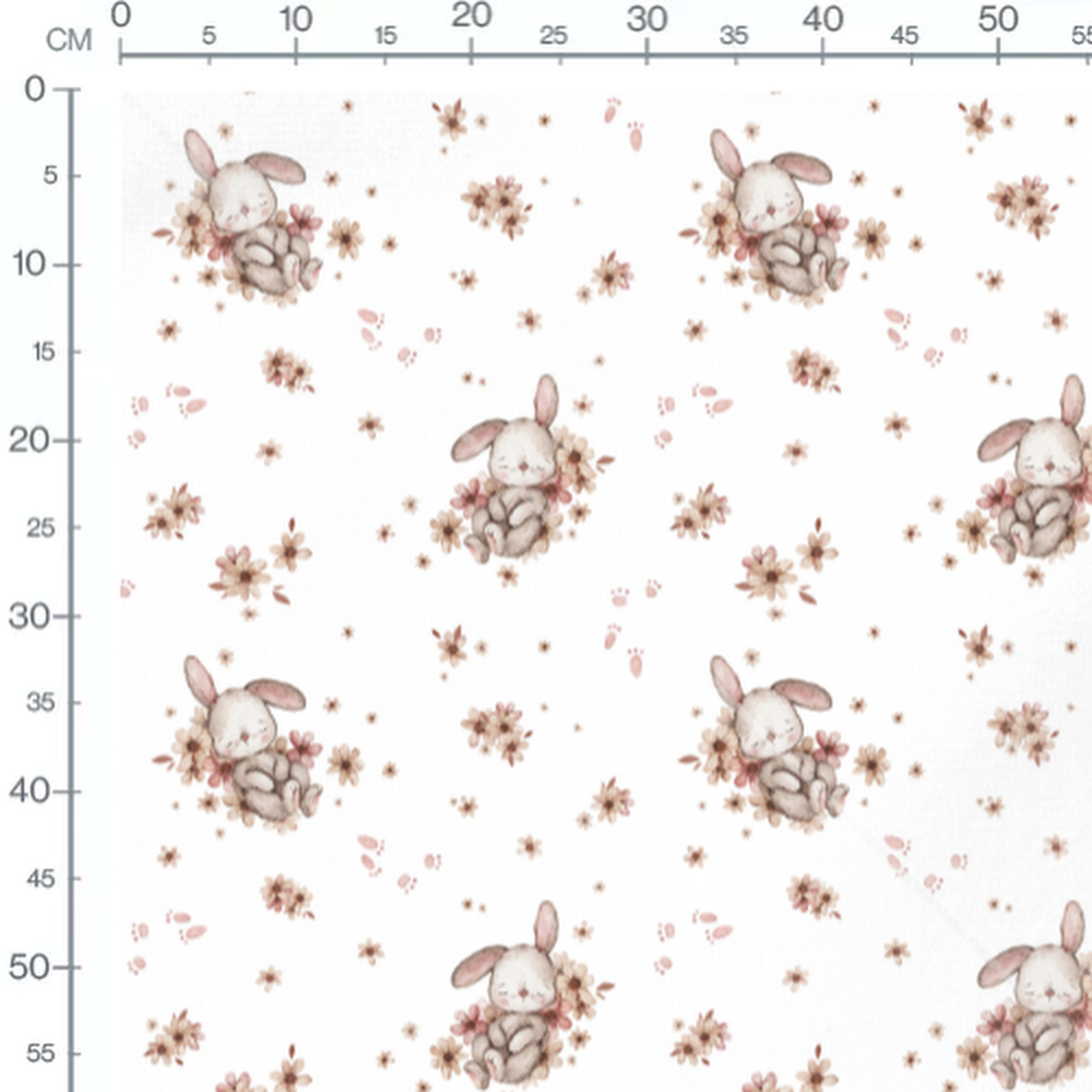 Tissu - Lapins gris et fleurs blanches