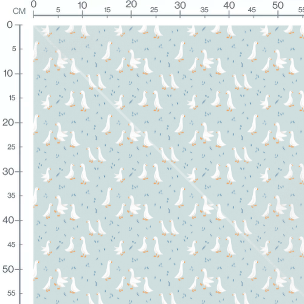 Tissu - Oies blanches et feuillage bleu