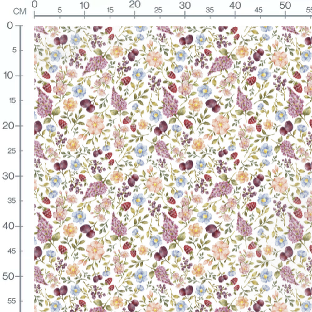 Tissu - Fleurs variées et baies rouges