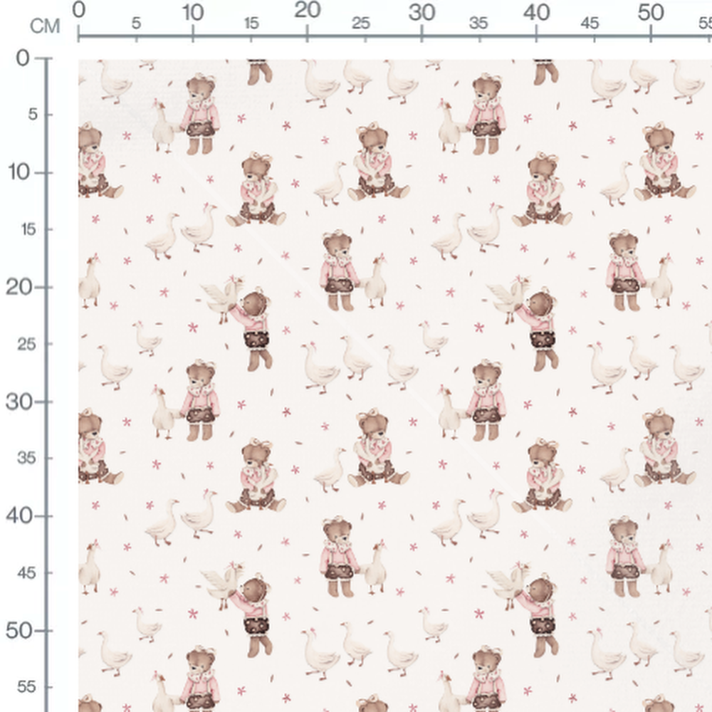 Tissu - Ours et oies en rose